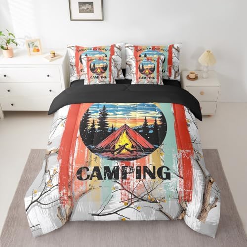 Erosebridal 7 Piece RV Bunk Bed Comforter Set King for Camper,Happy Camping Bedding Set with Sheets for Kids Adults,Travel Trailer Decor Rustic Cabin Country Bed in a Bag with Fitted+Flat Sheet