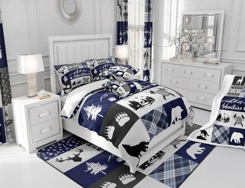 Castle Fairy Deer Bear Full Size Comforter Set,Rustic Farmhouse Wildlife Patchwork Blue Bedding Comforters Bedroom Collection,Camping Cabin Decor Boho Aztec Tribal Bedding Set for Girls Teens