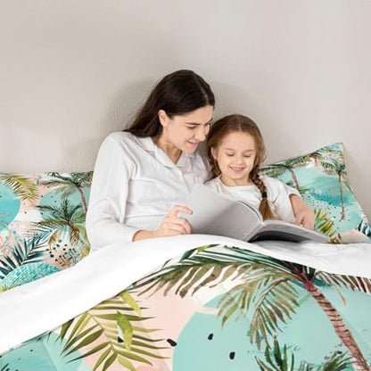 Manfei Tropical Beach Comforter Set King Size, Green Palm Trees Bedding Set 3pcs for Kids Boys Girls Room Decor, Summer Ocean Beach Theme Down Comforter with 2 Pillowcases, No Sheets