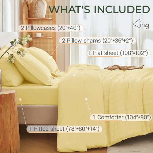 MUXHOMO 7 Pieces King Comforter Set, Seersucker Bed in a Bag King Size, All Season Luxury Bedding Set with Comforter, Flat Sheet, Fitted Sheet, Pillowcases & Shams, Yellow