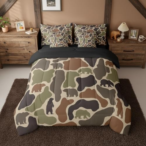 Erosebridal Bear Camo Bed in A Bag 7 Pcs Camouflage Hunting Bear Comforter Set for Women Men Rustic Camo Army Wildlife Bedding Sets King Green Military Woodland Animals Sheet Set with Comforter