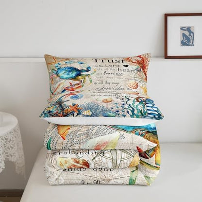 Homewish Crab Coral Starfish Comforter Set Full Size,Nautical Anchor Bedding Set 3Pcs for Kids Girls Boys Teens Room Decor,Ocean Animals Quilt Set Vintage Bible Quotes Duvet Insert,2 Pillowcases