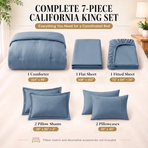 CozyLux California King Comforter Set Grayish Blue, 7 Pieces Bed in a Bag
