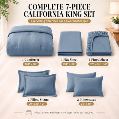 CozyLux California King Comforter Set Grayish Blue, 7 Pieces Bed in a Bag