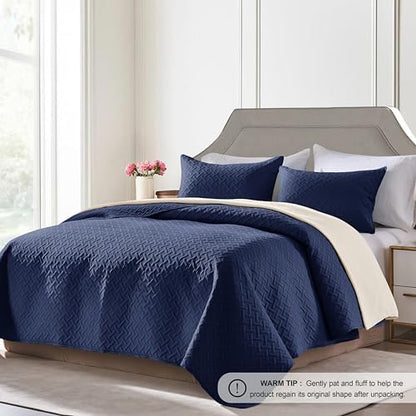 FLYMME Quilts Queen Size - Ultra Soft Navy Blue Quilt Lightweight Microfiber Bedspreads, Classic Basket Weave Pattern Bedspread Bed Coverlet 3 Pieces for All-Season (1 Quilt, 2 Pillow Shams)