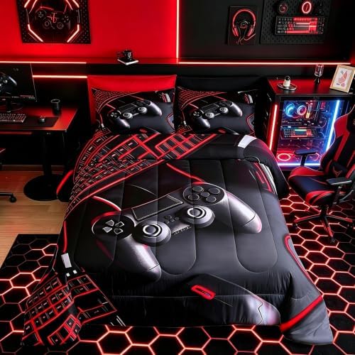 Feelyou Gamer Comforter Set Queen Size Gaming Bedding Set for Kids Boys Girls Game Room Decor Duvet Quilt Gamepad Bedroom Decor Red Microfiber 3 Pcs with 2 Pillow Cases