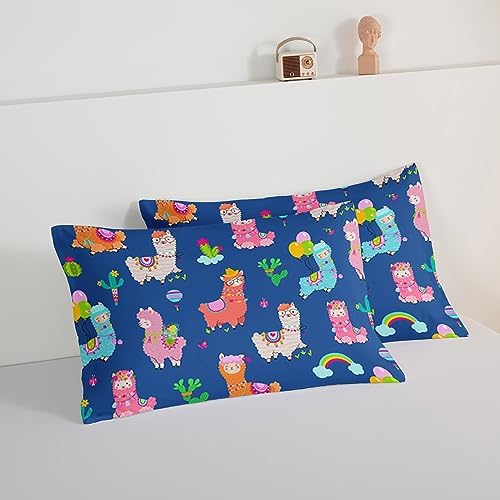 HOSIMA Kids Cute Llama Comforter Twin Bed in a Bag,Cartoon Rainbow Alpaca Twin Comforter with 2 Pillowcases,Animal Bedding Sets for Children Room Decor,Blue Toddler Bedding Set for Boys Girls.