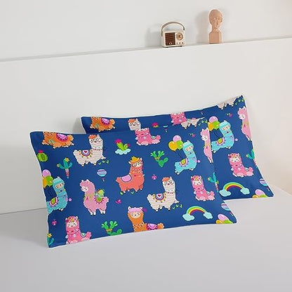 HOSIMA Kids Cute Llama Bed in a Bag Queen Comforter Set,Cartoon Rainbow Alpaca Comforter with 2 Pillowcases,Animal Bedding Sets for Children Room Decor,Blue Toddler Bedding Set for Boys Girls.