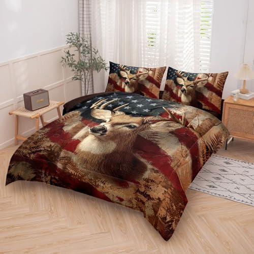 5PCS Deer Comforter Sets Twin,Boys Camo Bedding Twin,American Flag Comforter,Camo Bed Set for Boys,Adults,Teens