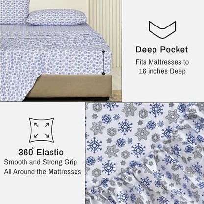 RUVANTI Flannel Sheets Full Size, Snow Flake Grey