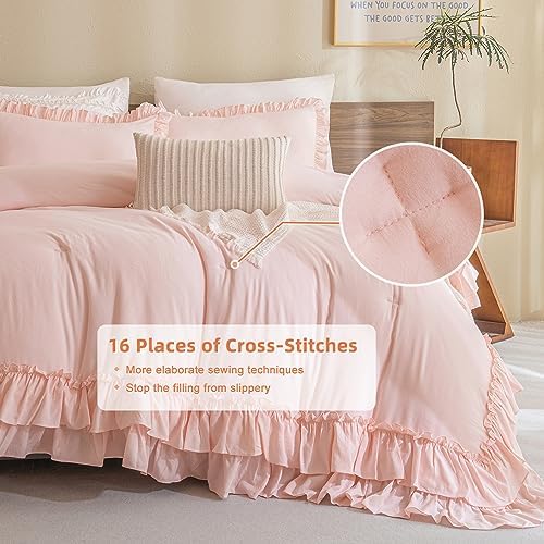 Masaca Shabby Ruffled King Comforter Set,Farmhouse Blush Pink Bedding Comforter Lightweight Ultra Soft Vintage French Country Bedding Set 3pc (1 Ruffle Comforter and 2 Pillowcases)
