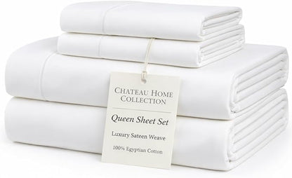 100% Egyptian Cotton Sheets Queen Size Bed Set, 15" Deep Pocket Queen Sheet set, Sateen Cotton Bed Sheet, Cool Soft Breathable No Pill Elasticated Luxury White Bedding For All Seasons