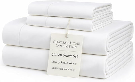 100% Egyptian Cotton Sheets Queen Size Bed Set, 15" Deep Pocket Queen Sheet set, Sateen Cotton Bed Sheet, Cool Soft Breathable No Pill Elasticated Luxury White Bedding For All Seasons