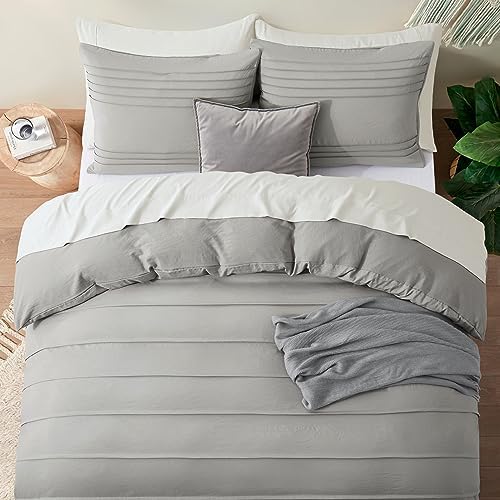 Oli Anderson 3PCS Pleated Duvet Cover Set, Light Grey, Queen