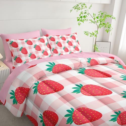 7Pcs Comforter Set Cartoon Strawberry Pink White Checkered Printed Bedding Set with 1 Comforter,1 Flat Sheet,1 Fitted Sheet,4 Pillowcases Bedroom All Season(Full)