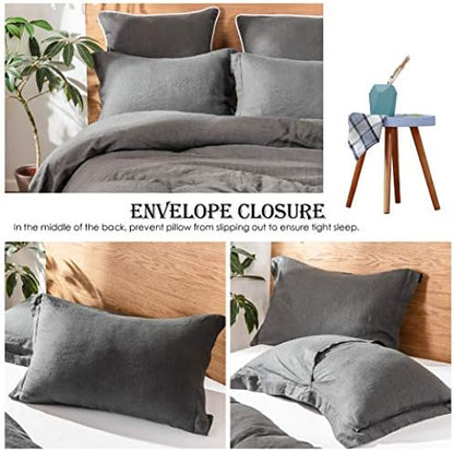 Simple&Opulence 100% Linen Duvet Cover Set 2pcs Basic Style Natural French Washed Flax Solid Color Soft Breathable Farmhouse Bedding with Button Closure - Dark Grey, Twin