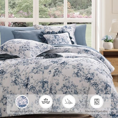 BLOOMHAVEN Queen Comforter Set-7 Pieces Blue Floral Bed in a Bag Queen