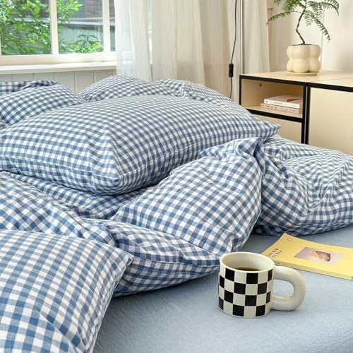 LifeTB Blue Gingham Comforter Set Full Size Modern Checkered Plaid Comforter Set 3 Pieces Blue Grid Bed Comforter with 2 Pillowcases Soft Fluffy Farmhouse Grid Plaid Bedding Set for All Seasons