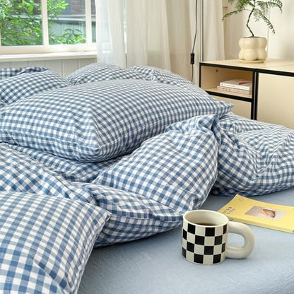 LifeTB Blue Gingham Comforter Set Full Size Modern Checkered Plaid Comforter Set 3 Pieces Blue Grid Bed Comforter with 2 Pillowcases Soft Fluffy Farmhouse Grid Plaid Bedding Set for All Seasons