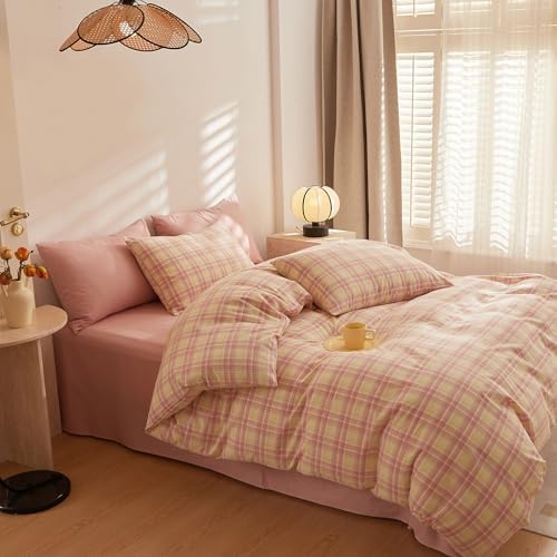 LifeTB Vintage Plaid Comforter Set King, 3 Piece Pink & Yellow Grid Gingham Bedding Comforter with 2 Pillowcases, Lightweight Soft Farmhouse Grid Bedding Aesthetic Plaid Checkered Comforter Set