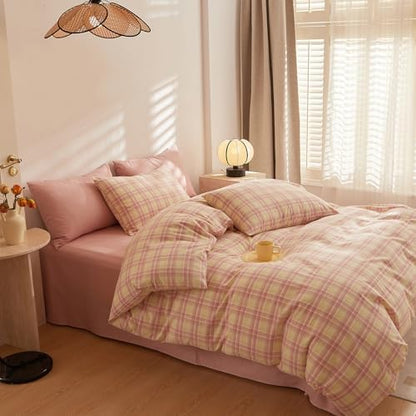 LifeTB Vintage Plaid Comforter Set King, 3 Piece Pink & Yellow Grid Gingham Bedding Comforter with 2 Pillowcases, Lightweight Soft Farmhouse Grid Bedding Aesthetic Plaid Checkered Comforter Set