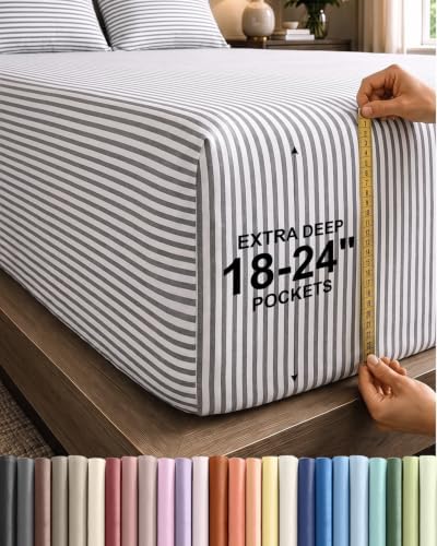 CGK Linens Extra Deep Flex Top Split Head King Fitted Sheet - Grey Stripes
