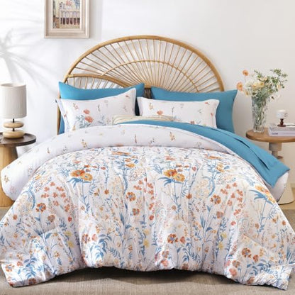 Teal Floral Comforter Set Full Size,7 Piece Cute Blue Bedding for Girls