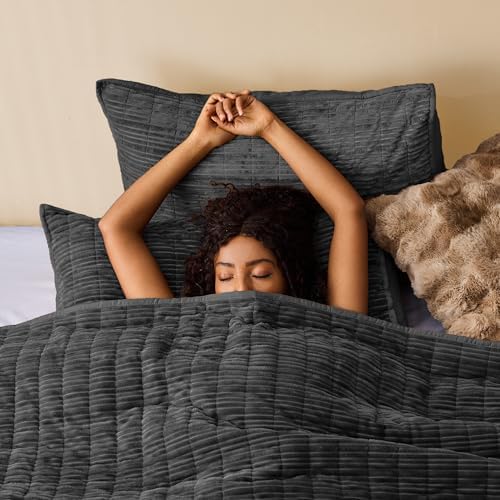 Wonderful Corduroy Texture Black Grey Quilt Set Queen - Hypoallergenic Skin-Friendly Soft Plush Velvety Touch Bedspread, Classic Vertical Striped Lightweight Coverlet for All Season, 94"x94"