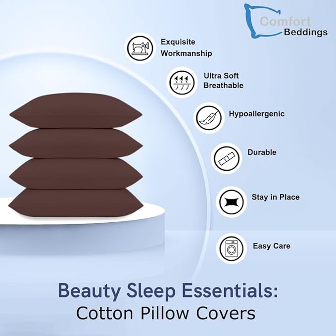 Comfort Beddings Standard Pillowcases Set of 4 – 100% Organic Cotton, 600 Thread Count Sateen, Soft & Comfy Pillow Covers with Envelope Closure, Brown, Standard Size 20 x 26 Inches