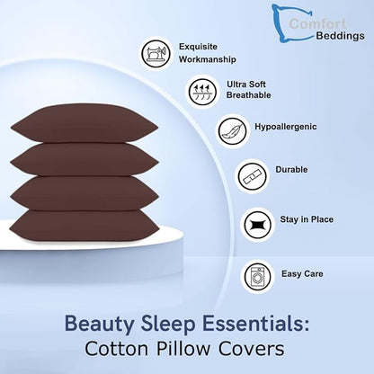 Comfort Beddings Standard Pillowcases Set of 4 – 100% Organic Cotton, 600 Thread Count Sateen, Soft & Comfy Pillow Covers with Envelope Closure, Brown, Standard Size 20 x 26 Inches