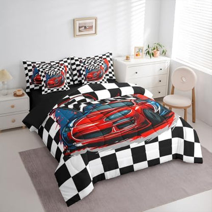 Erosebridal Racing 7 Piece Bedding Set Queen Size Race Car Competition Extreme Sports Bed in A Bag Red Automobile Comforter with Sheets Geometric Grid Cartoon Bed Sets