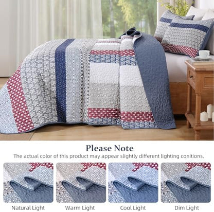 WONGS BEDDING Boho Quilt King Size, Patchwork Bedding Set, Blue Red