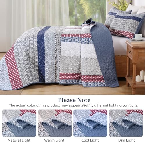 WONGS BEDDING Queen Size Quilt Set, Boho Striped Patchwork Bedspread