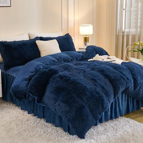 Andency Navy Blue Comforter Full Size Set, Fluffy Faux Fur Warm Bedding Set