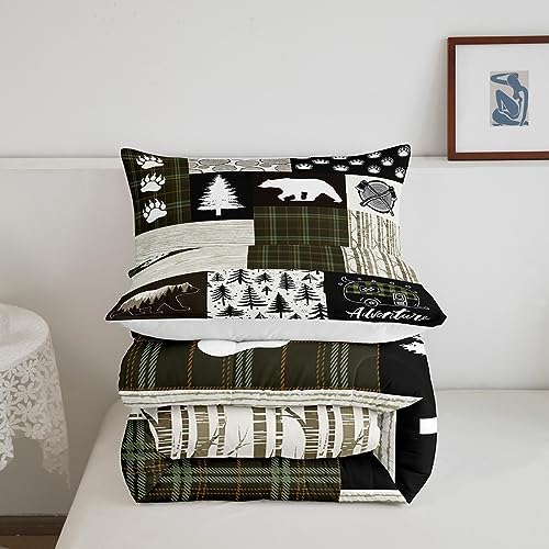 Bear Comforter Set Queen Size,Pine Trees Animals Hunting Bedding Set for Kids Boys Girls Adults Room Decor,Camping Adventure Rustic Farmhouse Down Comforter,Green Plaids Duvet Insert,2 Pillowcases