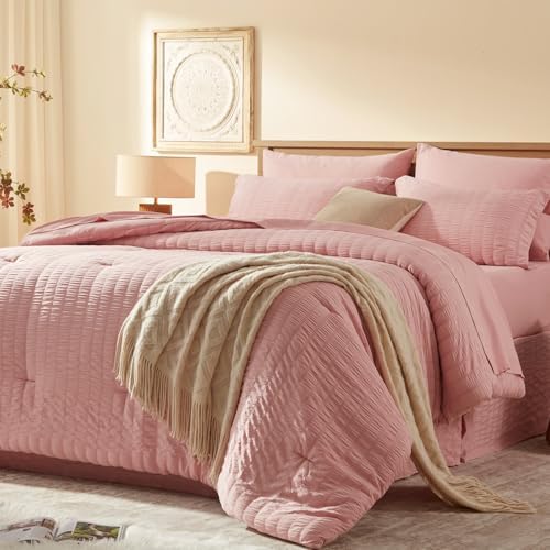 Laojin Balhen Full Size Comforter Sets 7 Pieces, Pink Seersucker Bed in a Bag Set Full Size, All Season Luxury Bedding Sets with Comforter, Sheets, Pillowcase & Sham