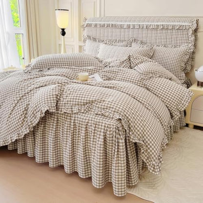 LifeTB Tan Gingham Comforter Set Twin XL Vintage Ruffle Taupe Plaid Checkered Comforter Set 3 Pieces Soft Fluffy Beige Grid Bed Comforter with 2 Pillowcases Farmhouse Gingham Bedding Set