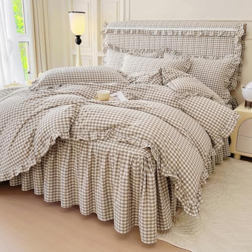 LifeTB Tan Gingham Comforter Set Full Vintage Ruffle Taupe Plaid Comforter Set 3 Pieces Soft Fluffy Grid Checkered Pattern Comforter with 2 Pillowcases Farmhouse Gingham Bedding Comforter Full
