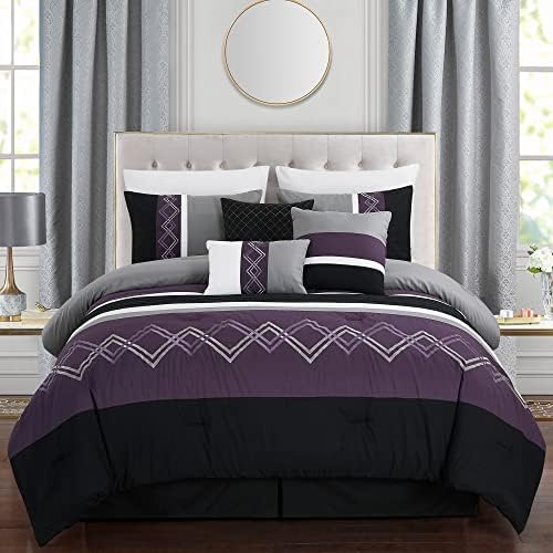 Chezmoi Collection 7-Piece Zigzag Embroidered Comforter Set, Queen Size