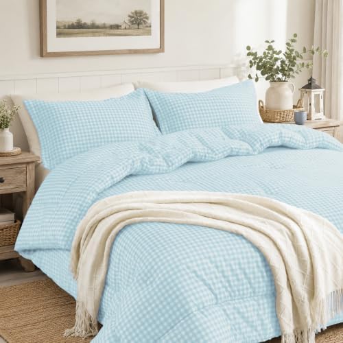 Full Comforter Set, Fluffy Seafoam Gingham Plaid Bedding, 3 Pieces