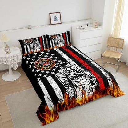 Homewish Vintage American Flag Comforter Set King Size,Firefighter Silhouette Bedding Set for Kids Boys Men Teens,3D Flaming Red Black White Stars Striped Quilt Set Fire Equipment Duvet Insert 3Pcs