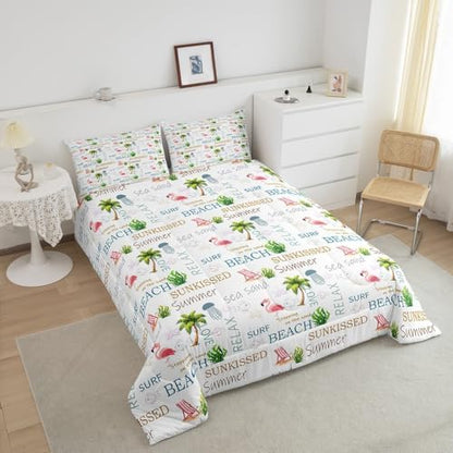 Homewish Beach Coastal Comforter Set Full Size,Tropical Coconut Tree Bedding Set 3Pcs for Kids Girls Boys Teens Room Decor,Flamingo Fish Jellyfish Quilt Set Ocean Animals Duvet Insert,2 Pillowcases