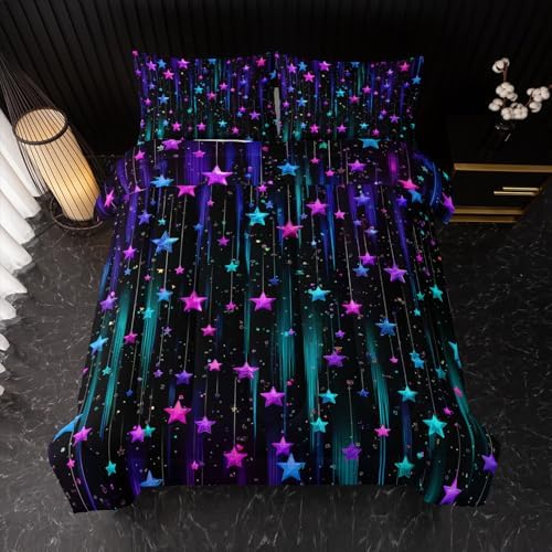 Nttopship Colorful Stars Comforter Set Full Size,Galaxy Starry Printed Bedding Set for Men Women Adults,Colorful Stars Room Decor with Soft and Lightweight Comforter and 2 Pillowcases