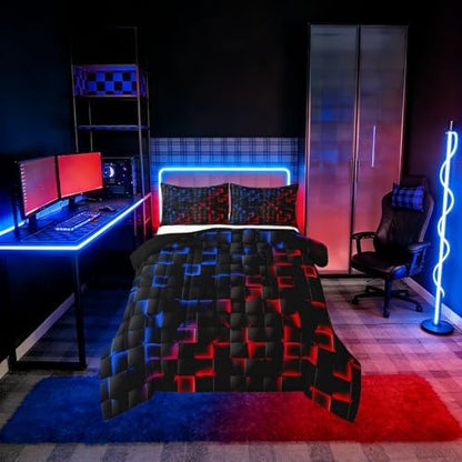 Erosebridal Geometric Checkered Boys Bedding Set King Size Neon Red Blue Comforter Set for Kids Teen Men Gamer Room Decor,Abstract Ombre Plaid Comforter Grids Quilt Duvet Black