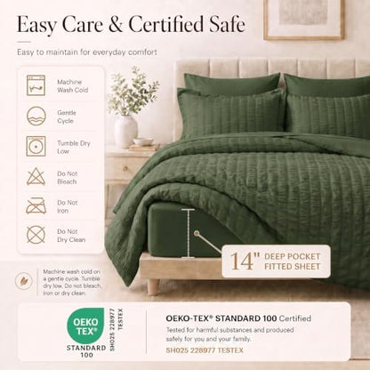 CozyLux Queen Comforter Set, 7 Pieces Olive Green Seersucker Bed in a Bag