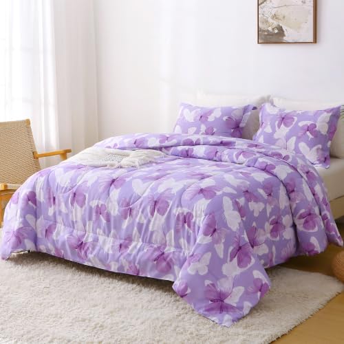 Mooreeke Purple Queen Size Comforter Sets, Lightweight Butterfly Printed Bedding for All Seasons, 3-Piece Vintage Bed in a Bag with Fluffy Quilted Reversible Comforter & 2 Pillow Shams