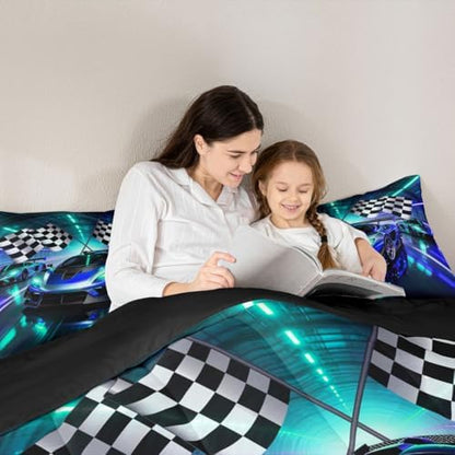 Feelyou Boys Race Car Bedding Set Soft for Boys Girls, Sports Racing Car Comforter Set King Size Extreme Sports Duvet Quilt Microfiber Automobile Bedroom Decor Buffalo Check 3 Pcs with 2 Pillow Cases