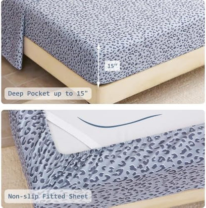 lasoftan Leopard Queen Comforter Set with Sheets, 7 piece Luxury Vintage Bedding, Soft Microfiber Bed in a Bag, Cozy Lightweight Bed Set, Grey Cheetah Print