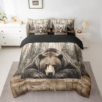 Erosebridal 7 Pcs Grizzly Bear Bedding Set King Hunting Wild Animal Comforter Set Rustic Farmhouse Cabin Bed in a Bag Western Country Quilt with Flat Fitted Sheet Vintage Forest Wildlife Room Decor