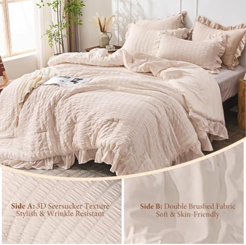 JOLLYVOGUE Oversized King Comforter Set, 3 Pieces Beige Seersucker Comforters, Lightweight & Fluffy Bedding Sets for All Season with 1 Ruffle Comforter and 2 Ruffle Pillowshams